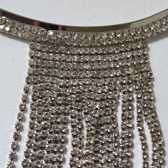 Silver 20 Strand Crystal Rhinestone Drop Choker Necklace Earrings Set - Picture 5 of 8